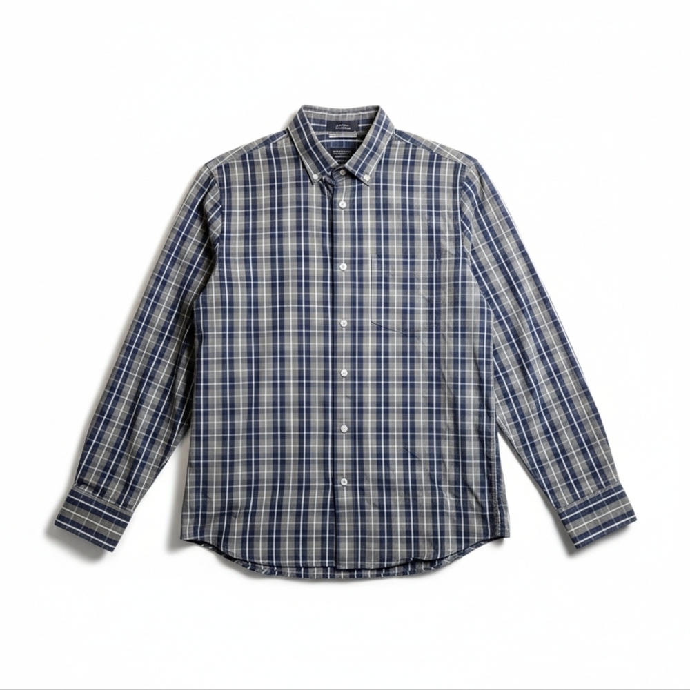 Nordstrom Men's Shop Blue Grey Plaid Trim Fit Button Down Shirt Size Medium